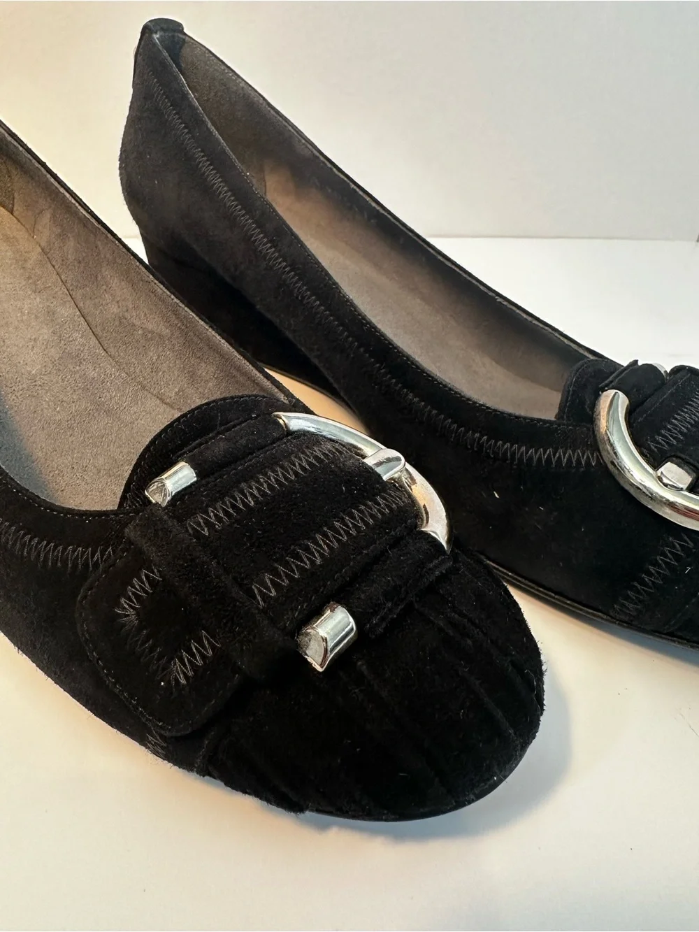 Stuart Weitzman Black Suede Women's Wedge with Silver Buckle - size 7.5 N